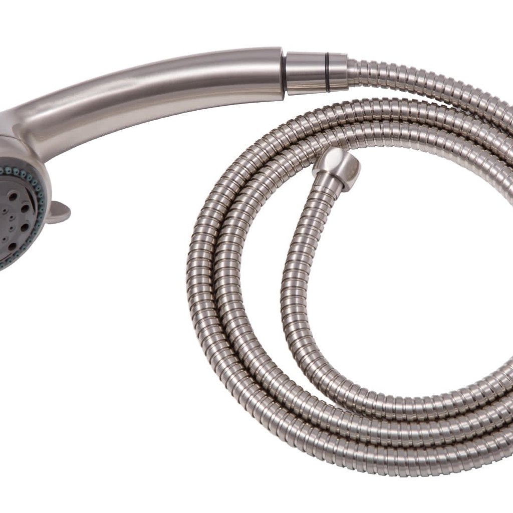 Handheld shower head kit with a stainless-steel hose and shower head for improved water pressure.